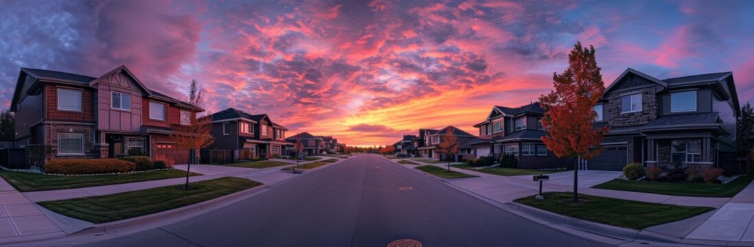 The sky is a glorious orange color at sunset in this aerial view of new construction in an upper middle class neighborhood in Maryland.