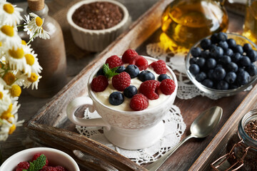 Fresh raspberries and blueberries on top of cream cheese mixed with flax seed oil. Budwig diet.