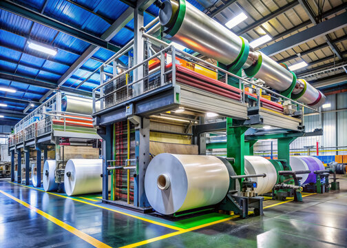 Large-scale roll offset printing machine dominates the industrial print shop floor, spinning reels of paper into freshly printed newspapers and colorful magazines.