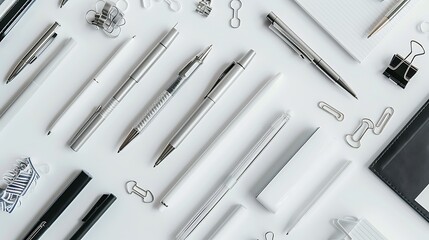 Artistic stationery and office supplies including pens, notebooks, and paper clips on a pristine white background. 32k, full ultra HD, high resolution