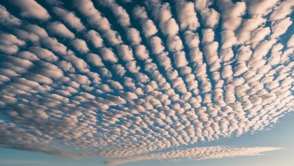 A mackerel sky, where the sky is filled with scattered, small, white, fluffy clouds