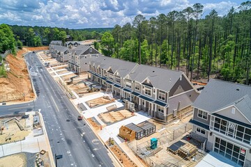 Fototapeta premium New residential development in Maryland, USA, with almost finished luxury townhouses with two single car garages, brick and shake siding, gable roofs with attic vents, and brick and shingle roofs.
