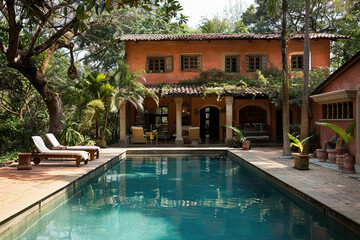 Fototapeta premium luxury yoga retreat venue with swimming pool, lush greenery, and open living spaces