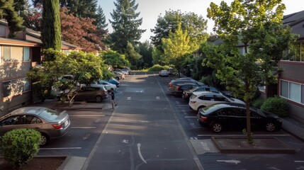 Compact Residential Parking Lot with Neatly Parked Cars and Lush Greenery Surrounding the Area
