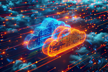 digital cloud over network of red lines and nodes, connected technology and data visualization