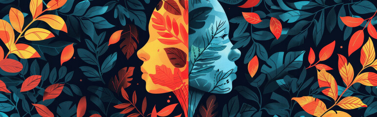 Naklejka premium abstract illustration with faces hidden within complex patterns or foliage, representing the feeling of hidden threats and the pervasive suspicion characteristic of paranoia