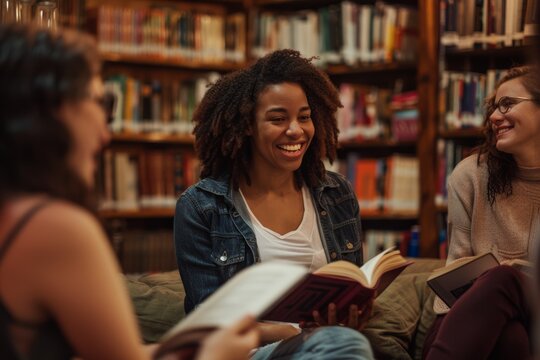 Inclusive LGBTQ Book Club Meeting in Cozy Library Setting for Intellectual Discussion - Powered by Adobe