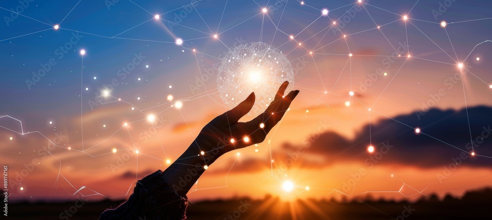 Poster global network connection and data exchanges on sunset background with hand of businessman touching 