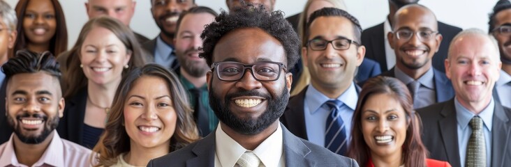 Multi-ethnic panoramic collage of smiling faces of successful business people of different ages smiling friendly into the camera.