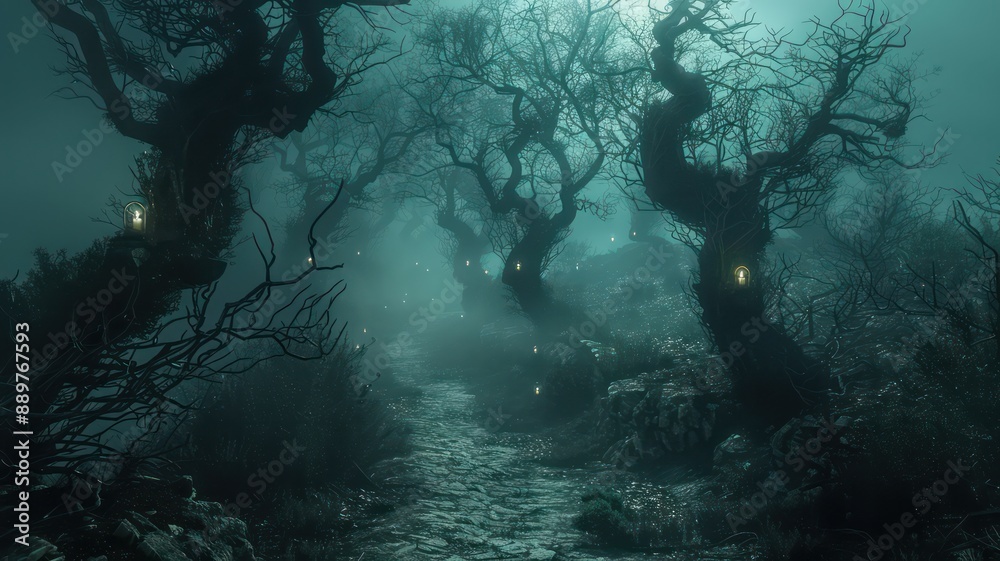 Aufkleber A forest with trees and a path. The trees are dark and the path is lit up with fireflies