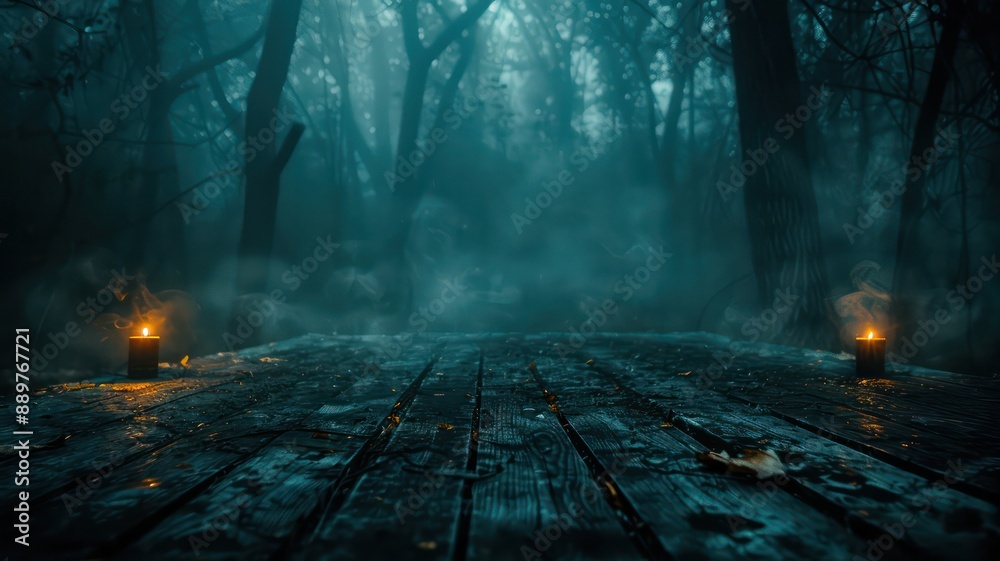 Poster A dark forest with fog and smoke in the air. The scene is eerie and mysterious. The image is a representation of a horror movie or a spooky forest setting
