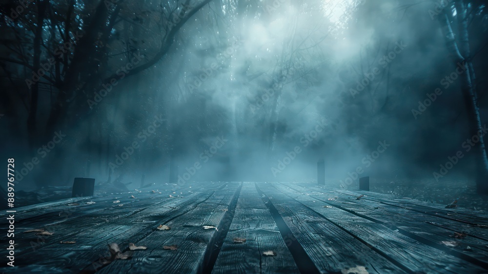 Poster A foggy forest with a wooden bridge in the middle. The bridge is surrounded by trees and the fog is thick, creating a mysterious and eerie atmosphere