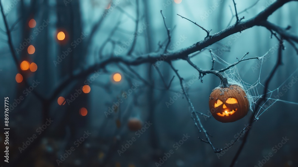 Aufkleber A pumpkin is hanging from a tree branch in a forest. The pumpkin is lit up with a light inside, creating a spooky and eerie atmosphere