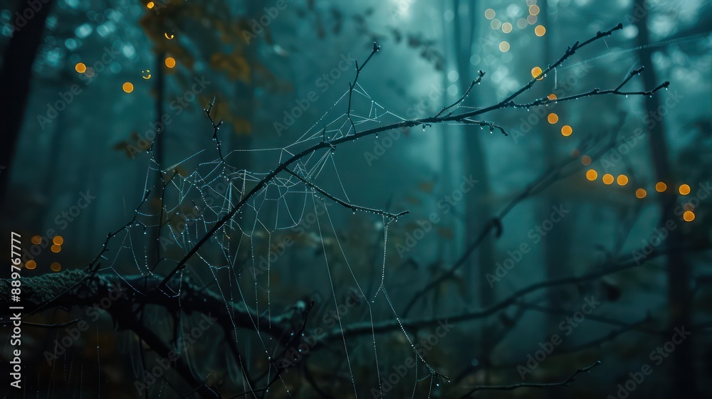 Aufkleber A spider web is on a tree branch in the woods. The web is very thin and delicate, and it is surrounded by a misty, dark forest. The image has a mysterious and eerie mood