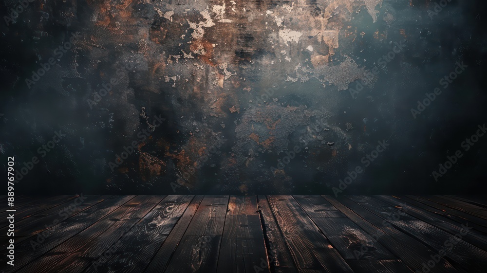 Poster a dark room with a wooden floor and a wall with a lot of texture. the room is empty and has a myster