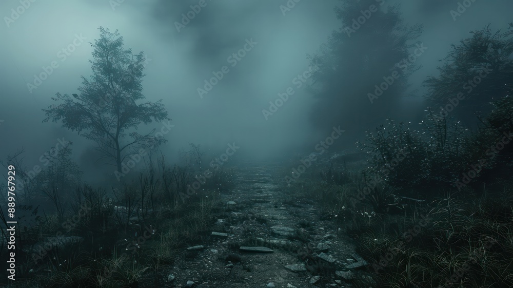 Poster A forest path is shown in the dark with fog and mist. The trees are tall and the path is rocky. Scene is eerie and mysterious