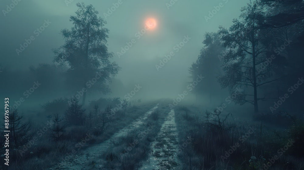 Poster a dark forest with a road leading through it. the sky is cloudy and the sun is setting