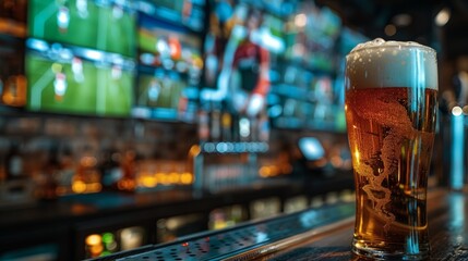 Luxurious Sports Bar with Multiple Screens Showing Football Match and Frothy Beer Glass