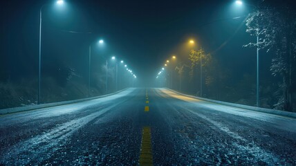 A dark, rainy night with a long, empty road. The streetlights are lit up, casting a yellow glow on the wet pavement. The scene is quiet and peaceful, with no signs of traffic or pedestrians