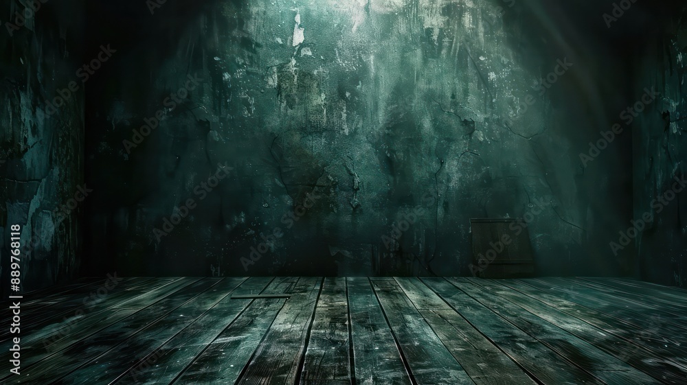 Poster a dark room with a wooden floor and a wall. the room is empty and has a gloomy atmosphere