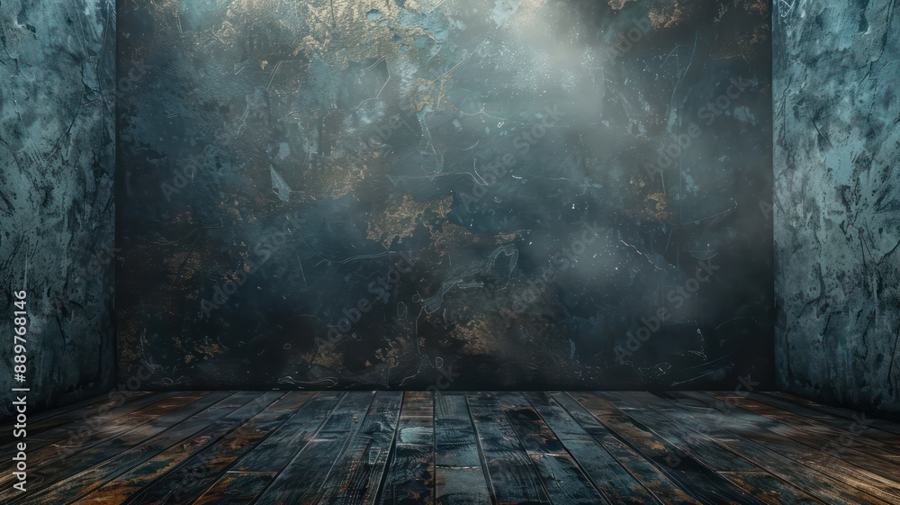 Poster a dark room with a wooden floor and a wall with a blue and gold paint. the room is empty and has a m