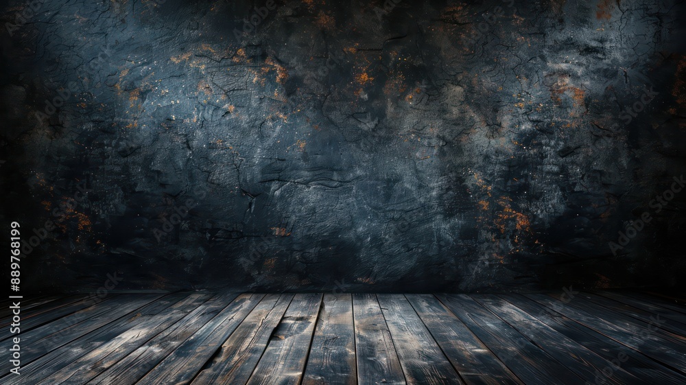 Poster a dark room with a wooden floor and a wall with a black background. the room is empty and has a mood