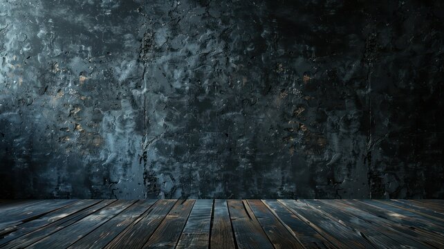 A dark room with a wooden floor and a wall. The wall is covered in graffiti and the floor is made of wood. The room has a moody and edgy atmosphere