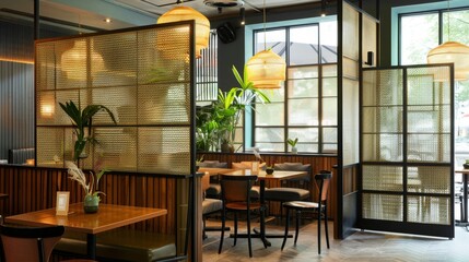 Obraz premium a chic cafe with reed glass partitions between the tables, providing a sense of privacy while maintaining an open atmosphere