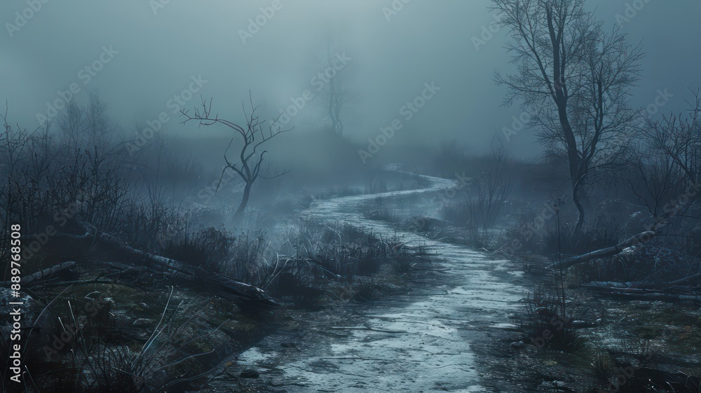 Aufkleber A dark and foggy forest with a path leading through it. The path is wet and muddy, and there are trees on either side. Scene is eerie and mysterious, as the fog