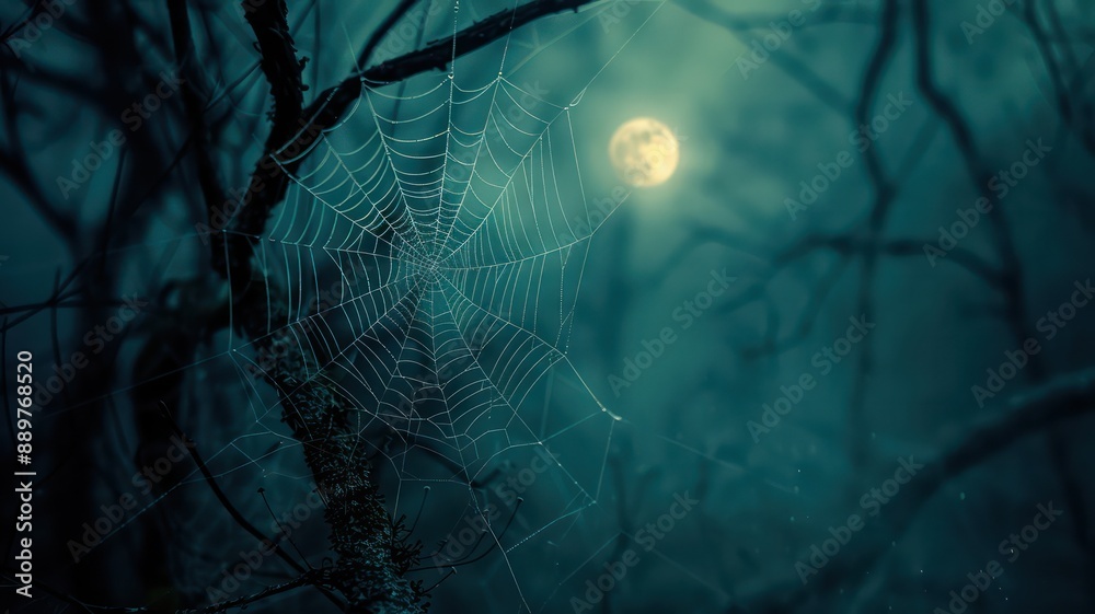 Poster A spider web is hanging from a tree branch in the dark. The moon is shining brightly in the sky