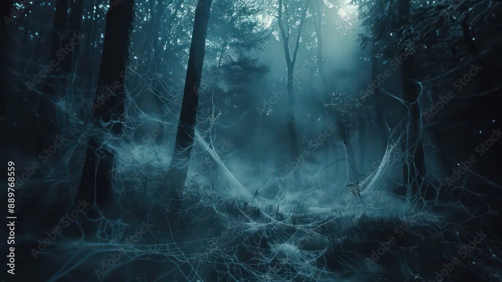 Poster a forest with spider webs and misty fog. scene is eerie and mysterious