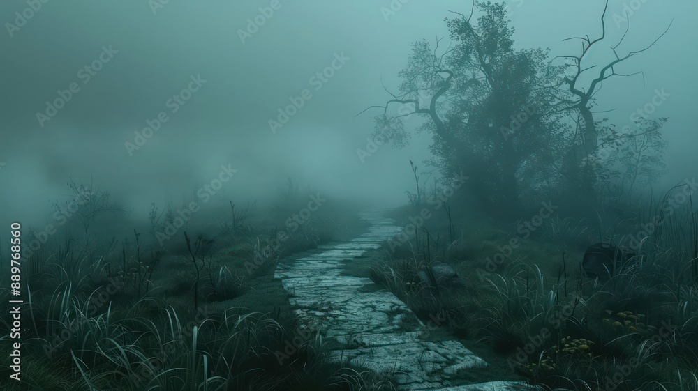 Aufkleber a foggy forest with a path leading through it. the path is made of stone and is surrounded by tall g