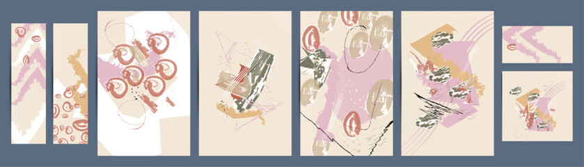 Pink Elegant natural pastel painting art muted pale calm tones card templates set. Collection of romantic invitations with pink abstraction backgrounds