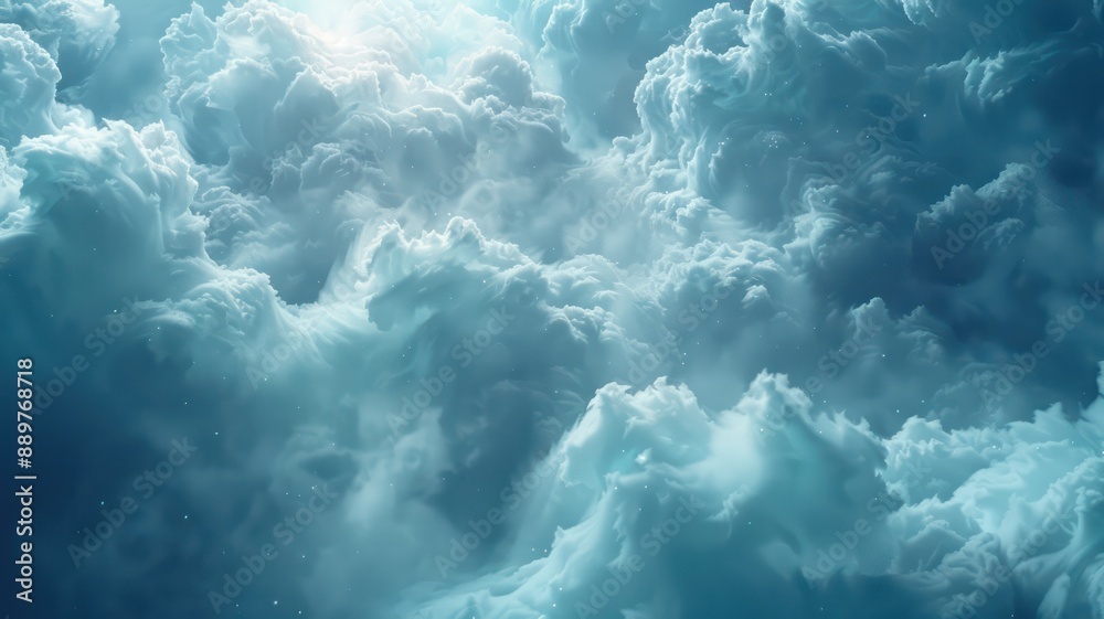 Poster the sky is filled with clouds, and the image has a serene and peaceful mood. the clouds are white an