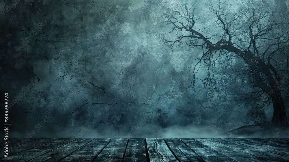 Poster a dark and moody scene with a tree in the foreground and a foggy background. the atmosphere is eerie