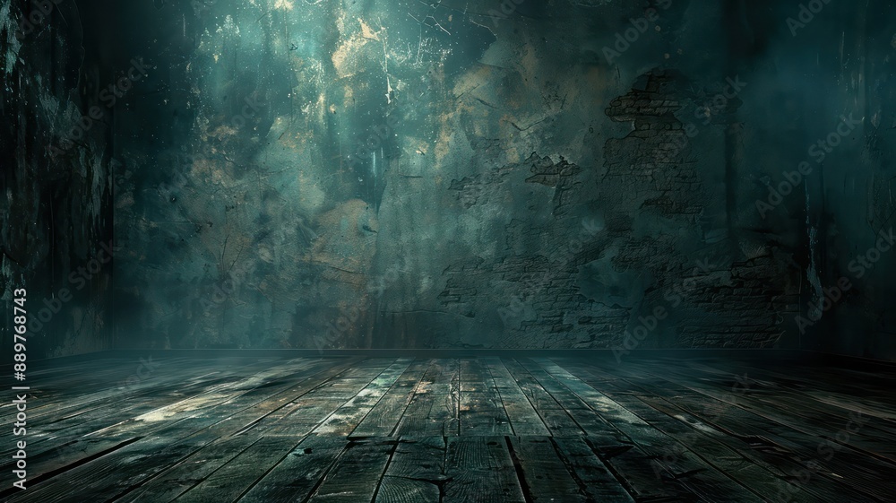 Poster a dark room with a wooden floor and a wall with graffiti on it. the room is empty and has a mysterio