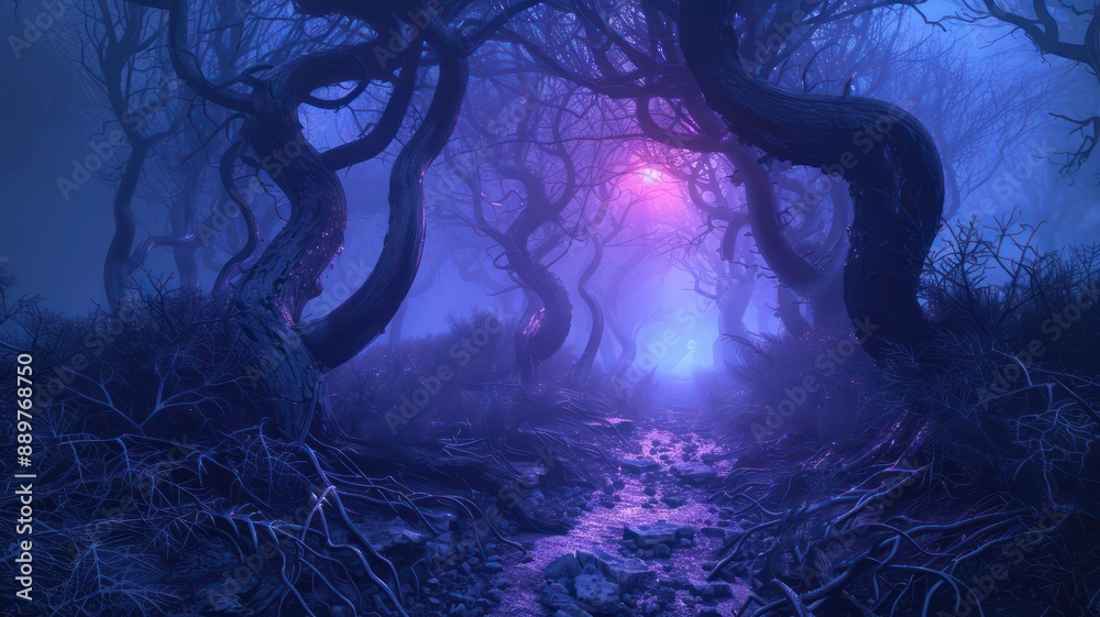 Poster a forest with purple trees and a glowing light in the distance. scene is mysterious and eerie