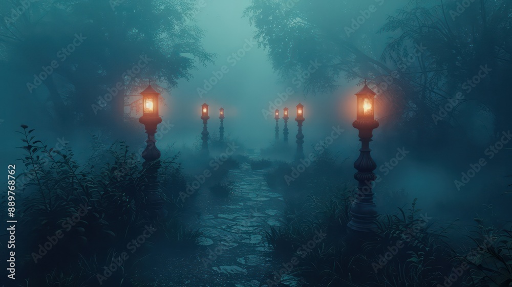 Aufkleber a dark forest with a path lit by lanterns