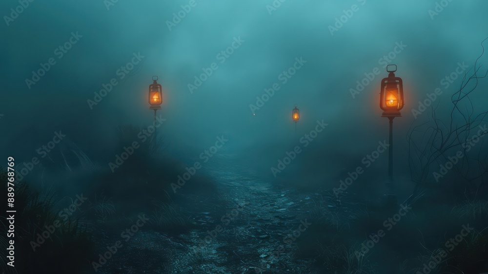 Poster a dark forest with three lanterns lit up in the mist