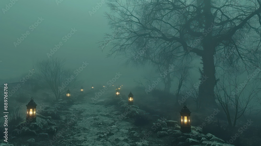 Poster a path in the woods with lanterns lit up. scene is eerie and mysterious
