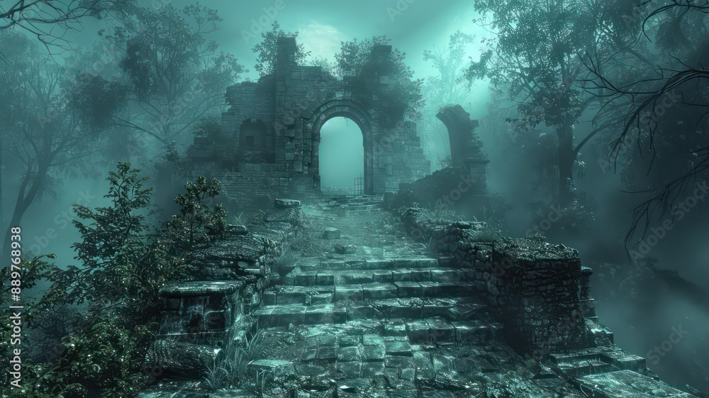 Poster a dark forest with a stone archway leading to a mysterious castle. the atmosphere is eerie and myste