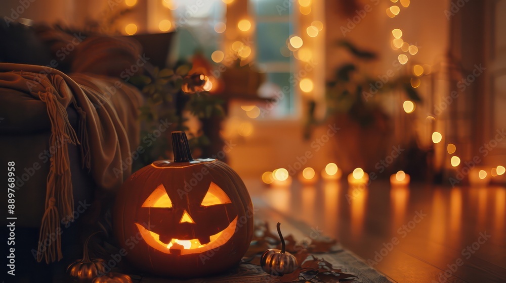 Poster a pumpkin with a smiley face on it sits on a rug in a room with lights on