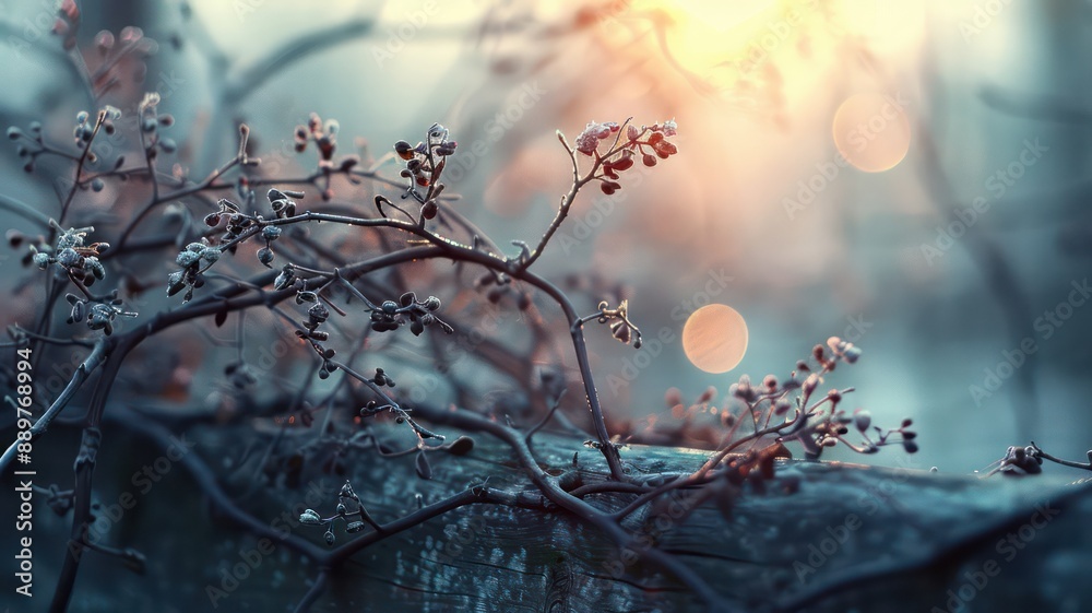 Poster a branch of a tree covered in frost and snow. the branch is surrounded by a wooden fence