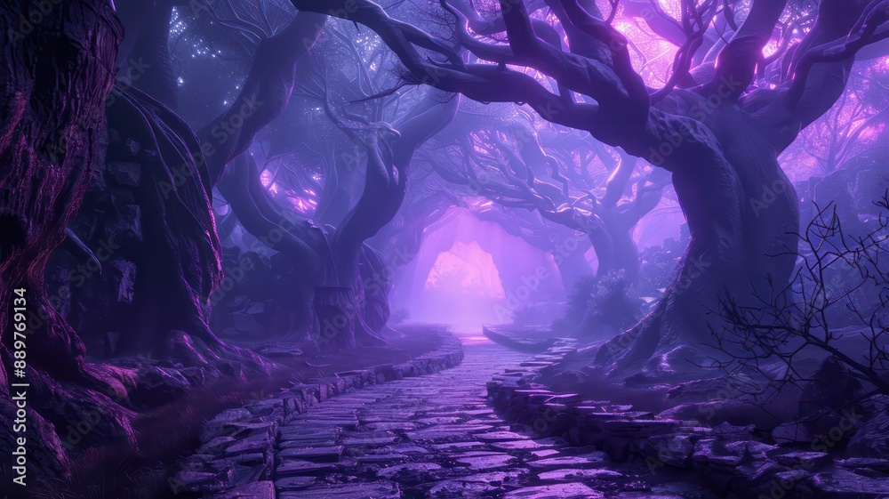 Poster a dark forest with purple trees and a path. scene is mysterious and eerie