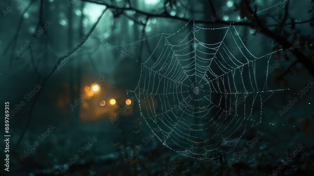Poster A spider web is shown in a dark forest. The web is very large and is surrounded by trees. Scene is eerie and mysterious
