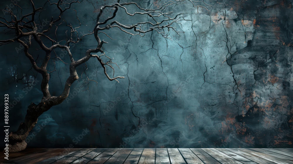 Poster A tree is the main focus of the image, standing tall and reaching towards the sky. The background is a dark, moody scene with a cloudy sky and a wall in the distance