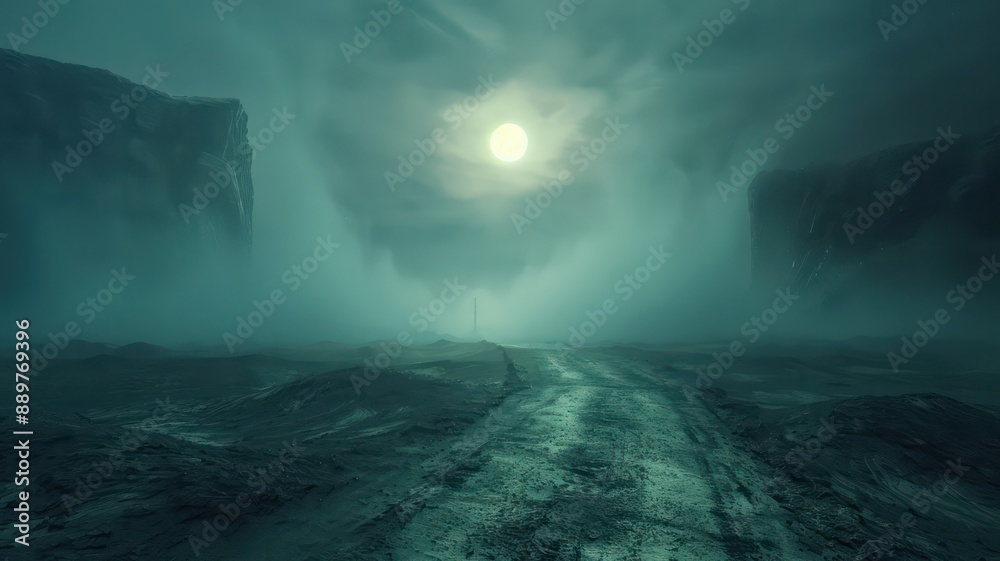 Poster A desolate landscape with a large moon in the sky. The moon is the only source of light in the scene