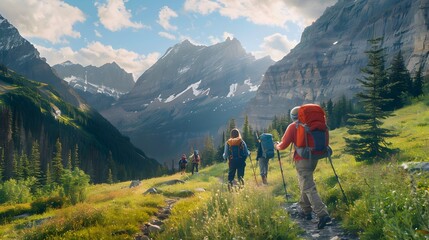 Fototapeta premium Group of active friends hiking or trekking on mountain trail. Hikers climbing to arrive to glaciar