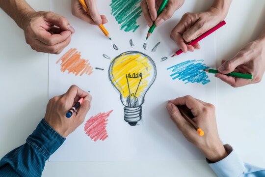 An image of six women and men drawing a bright yellow light bulb