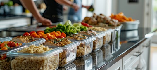 Fototapeta premium Healthy Meal Prep in Modern Kitchen with Fresh Vegetables, Chicken, and Brown Rice